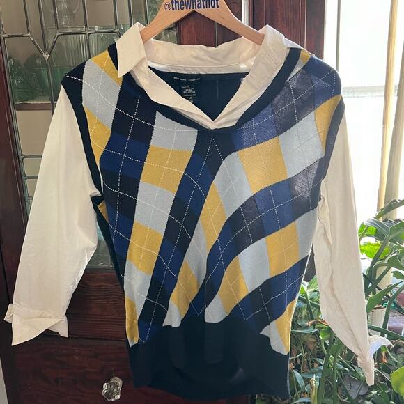 90s Vintage NY&Co Argyle Sweater Shirt Medium Faux Layered Y2K Preppy Academia - Picture 5 of 16